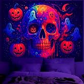 BVBOX Blacklight Halloween Tapestry, UV Reactive Glow In The Dark Black Light Trippy Tapestry Posters for Living Room, Bedroom (Ghost Skeleton, 79