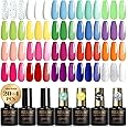 ROSALIND 24Pcs Neon Gel Nail Polish Set with Gel Base and Matte Glossy Glitter Top Coat, Bright Neon Colors Nail Gel Polish Soak Off UV Manicure Rainbow Nail Art