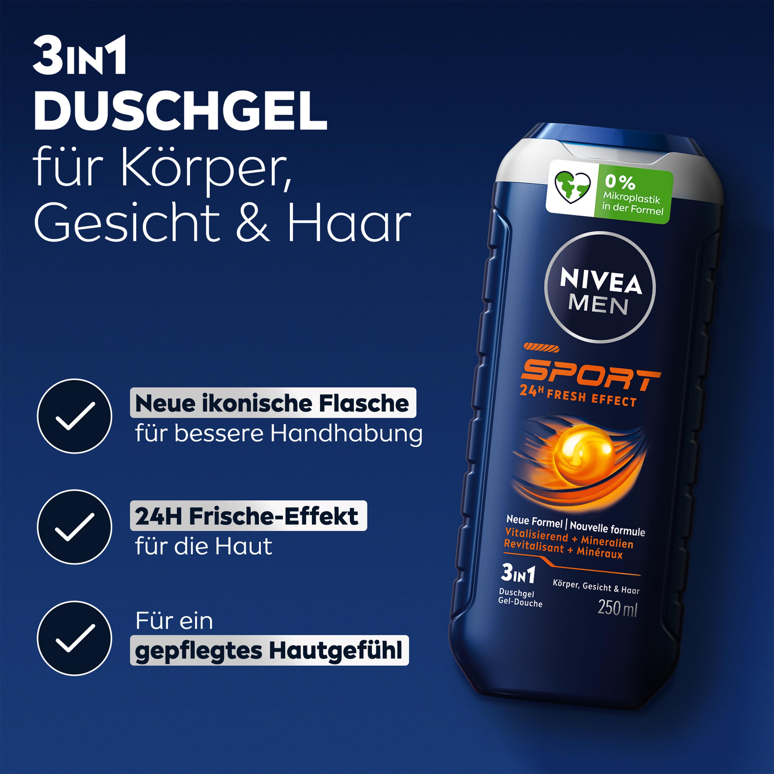 NIVEA MEN Sport Duschgel, pH-hautneutrale Pflegedusche für Männer mit vitalisierendem Duft, erfrischende Formel mit Mineralien für Körper, Gesicht und Haar (250 ml) 2