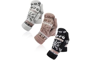Vicenpal 3 Pairs Mittens for Women Cold Weather Winter Warm Lining Mittens Knit Thick Wool Gloves for Winter Cold Weather