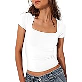 BAIGRAM Women Square Neck Crop Top Short Sleeve T Shirts Slim Fitted Going Out Tops Y2K Cute Summer Basic Tees Trendy