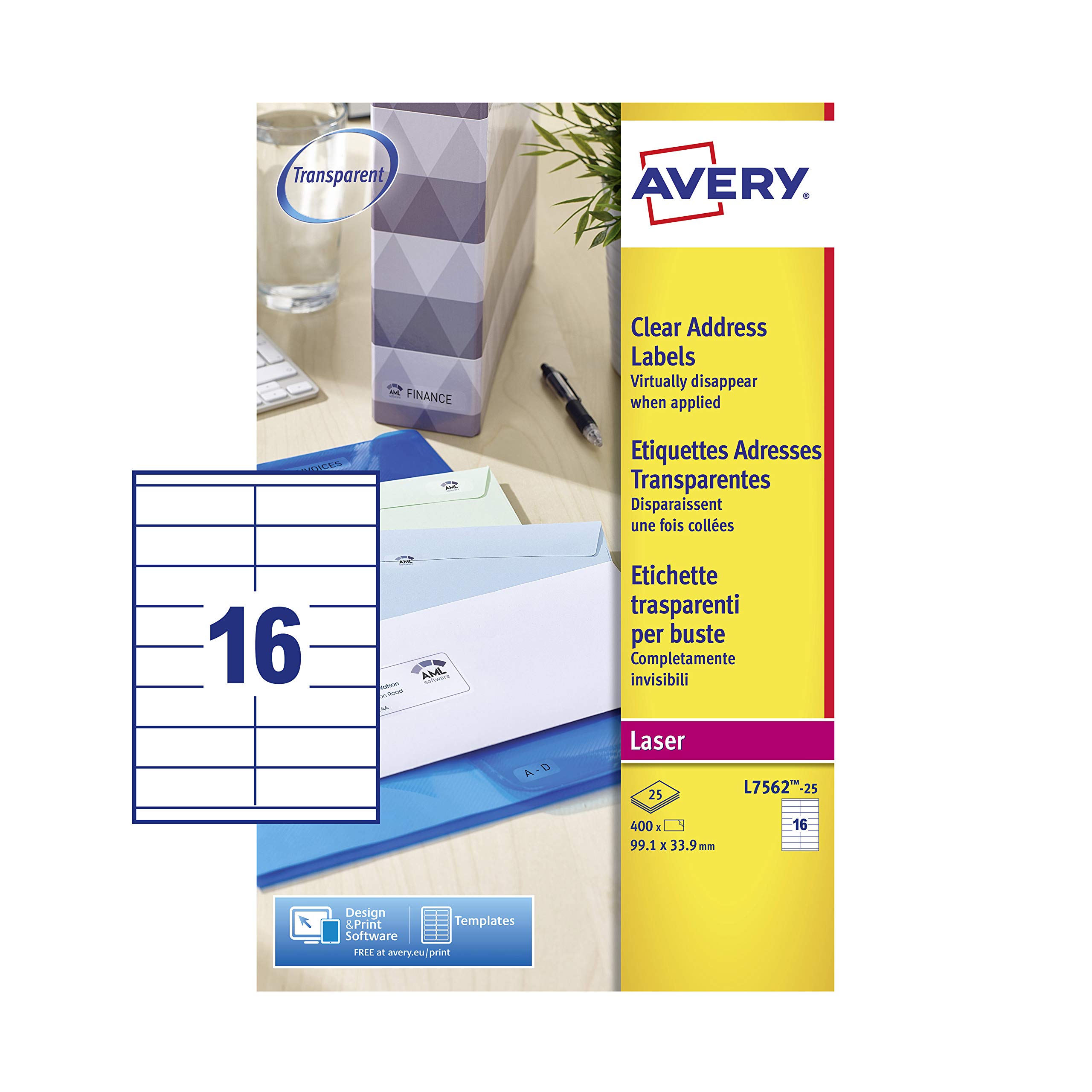 Avery Printable, Customisable Clear Address Mailing Labels, Laser Printers, 16 Labels Per A4 Sheet, 400 Labels, QuickPEEL (L7562)