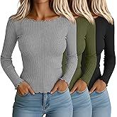 Riyiper 3 Pack Women's Long Sleeve Shirts Ribbed Cotton Boat Neck Tops Lettuce Trim Underscrub Slim Fit Casual Basic Tees