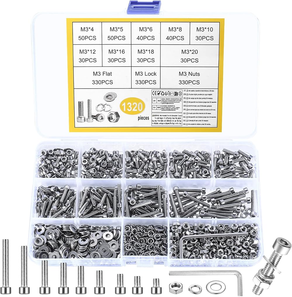 HAOCHEN 1320 Pcs M3 Bolts Nuts Washers Set Stainless Steel Hex Socket Head