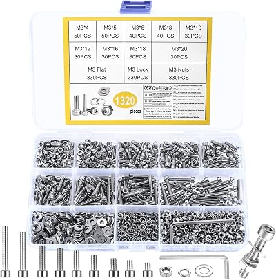 HAOCHEN 1320 Pcs M3 Bolts Nuts Washers Set Stainless Steel Hex Socket Head