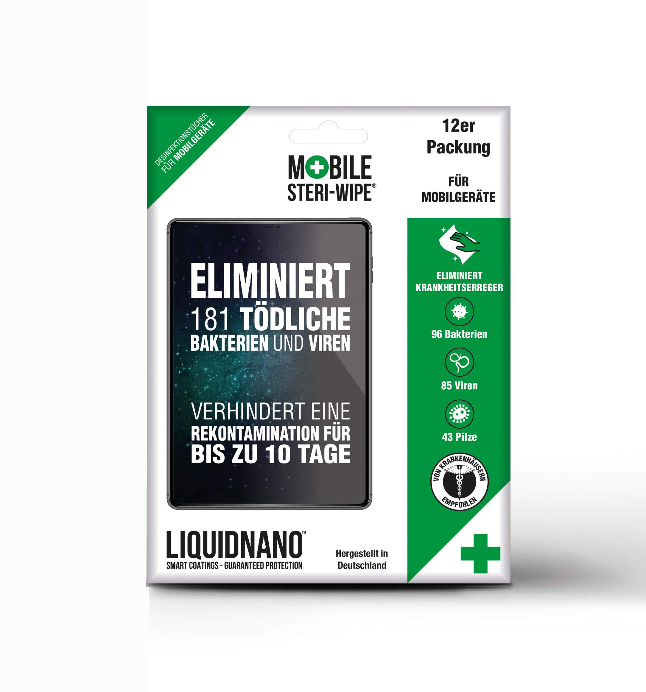 LiquidNano MOBILE STERI-WIPE, sanitizer for mobile devices & surfaces, disinfects for up to 10 days, Liquid glass anti-pathogen protection, effective against bacteria, viruses and fungi, 12 pack