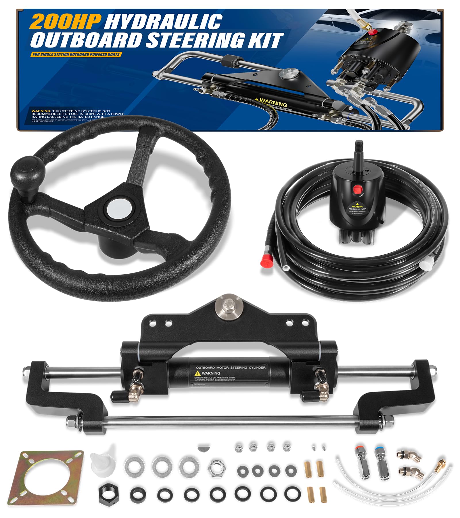 Photo 1 of Camoo 200HP Boat Hydraulic Outboard Steering Kit with Steering Wheel, Helm Pump, Hydraulic Cylinder, 26ft High-Strength PU Hoses, Compatible with Most Single Outboard-Powered Boats
