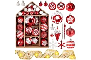 DomeStar 70PCS Red and White Christmas Ball Ornaments, Shatterproof Candy-Themed Christmas Tree Decorations with Lights for Holiday Party & Home Decor