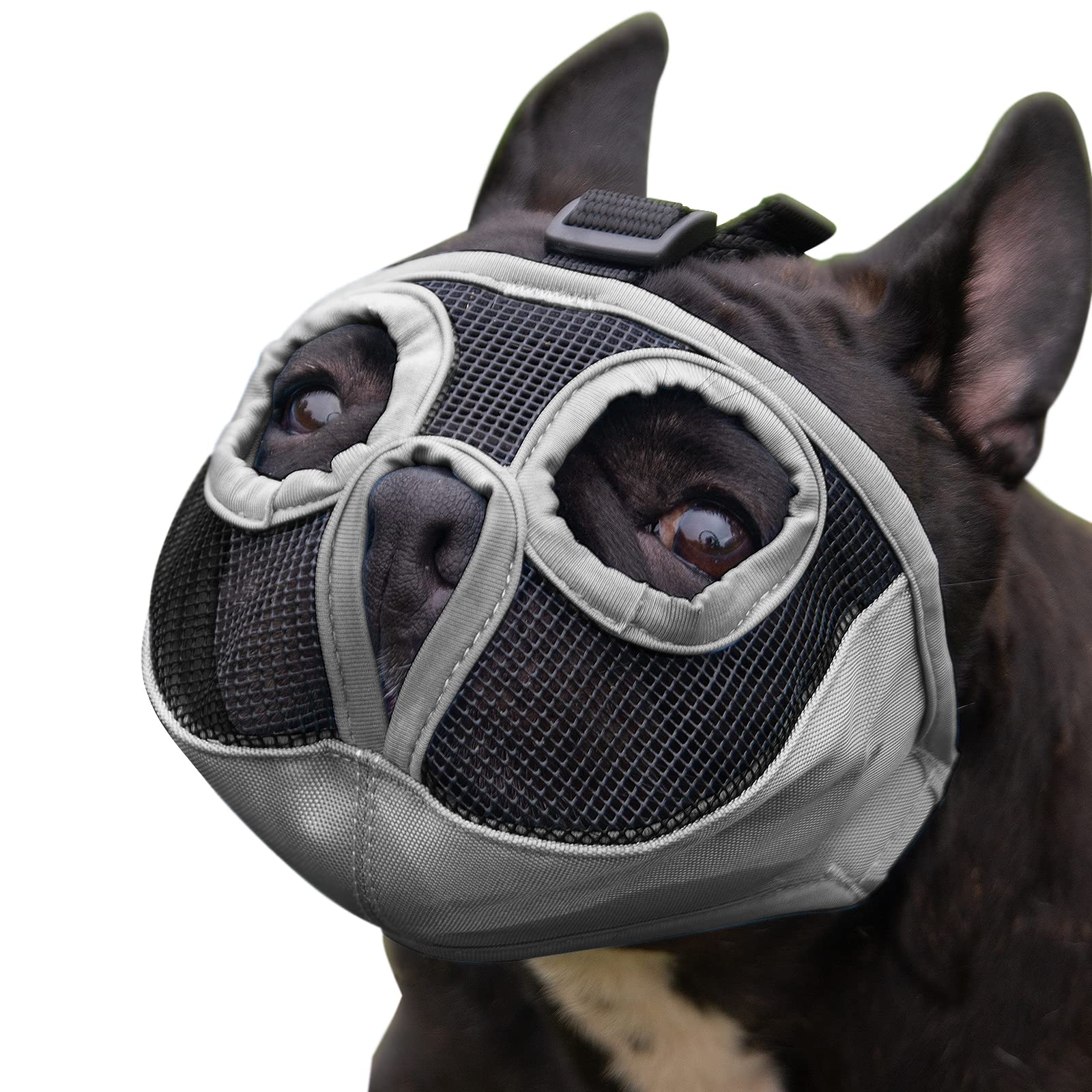 Short Snout Dog Muzzle Adjustable Bulldog Muzzle Breathable Mesh Biting Chewing Barking Training Dog mask For Small Medium Large Dogs,Gray M