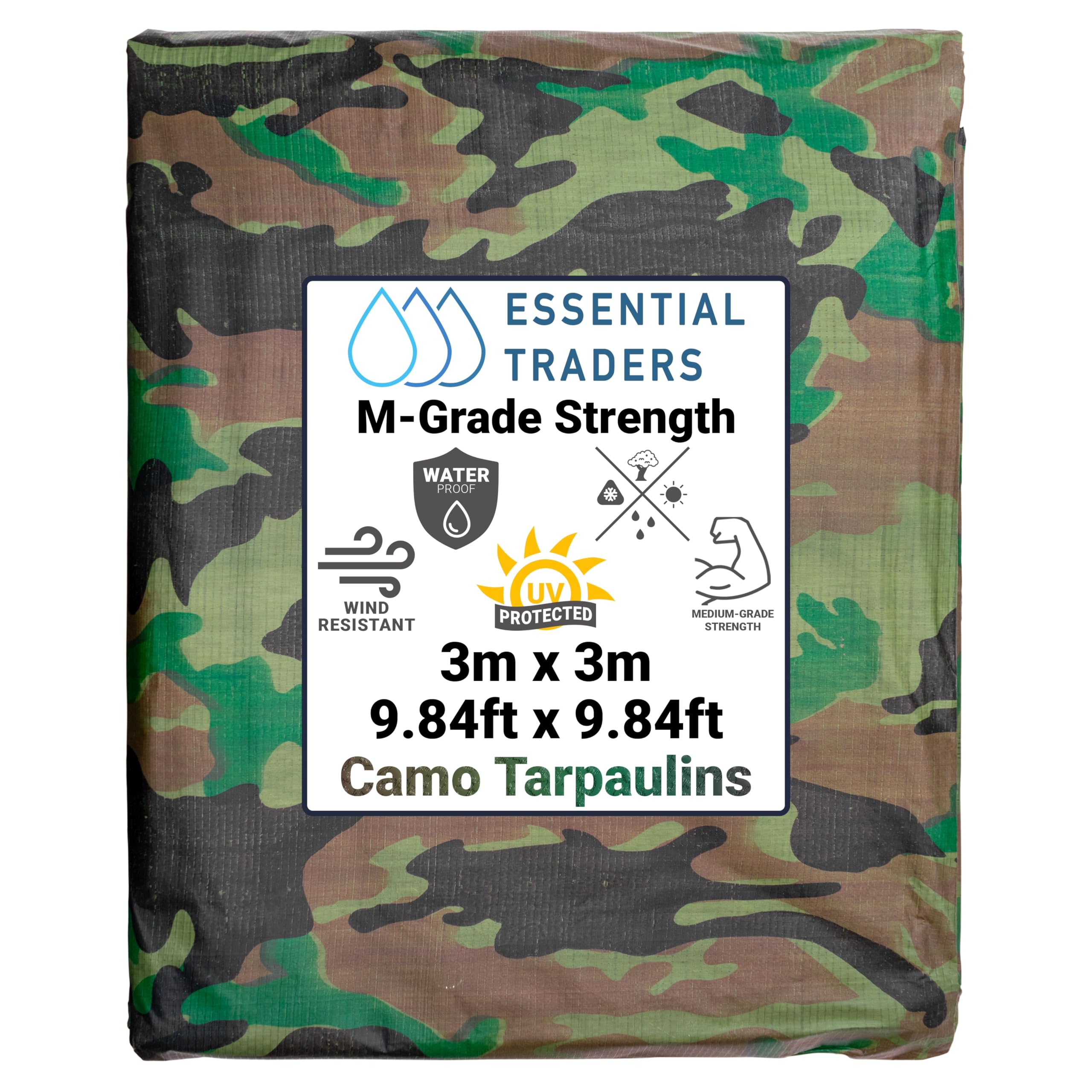 Premium Camouflage Heavy Duty Tarpaulin, 90gsm Waterproof Cover Ground Sheet Forest Tarp, Army Camo Basha, Weatherproof Tear & UV Resistance Military Sheet (3m x 3m)