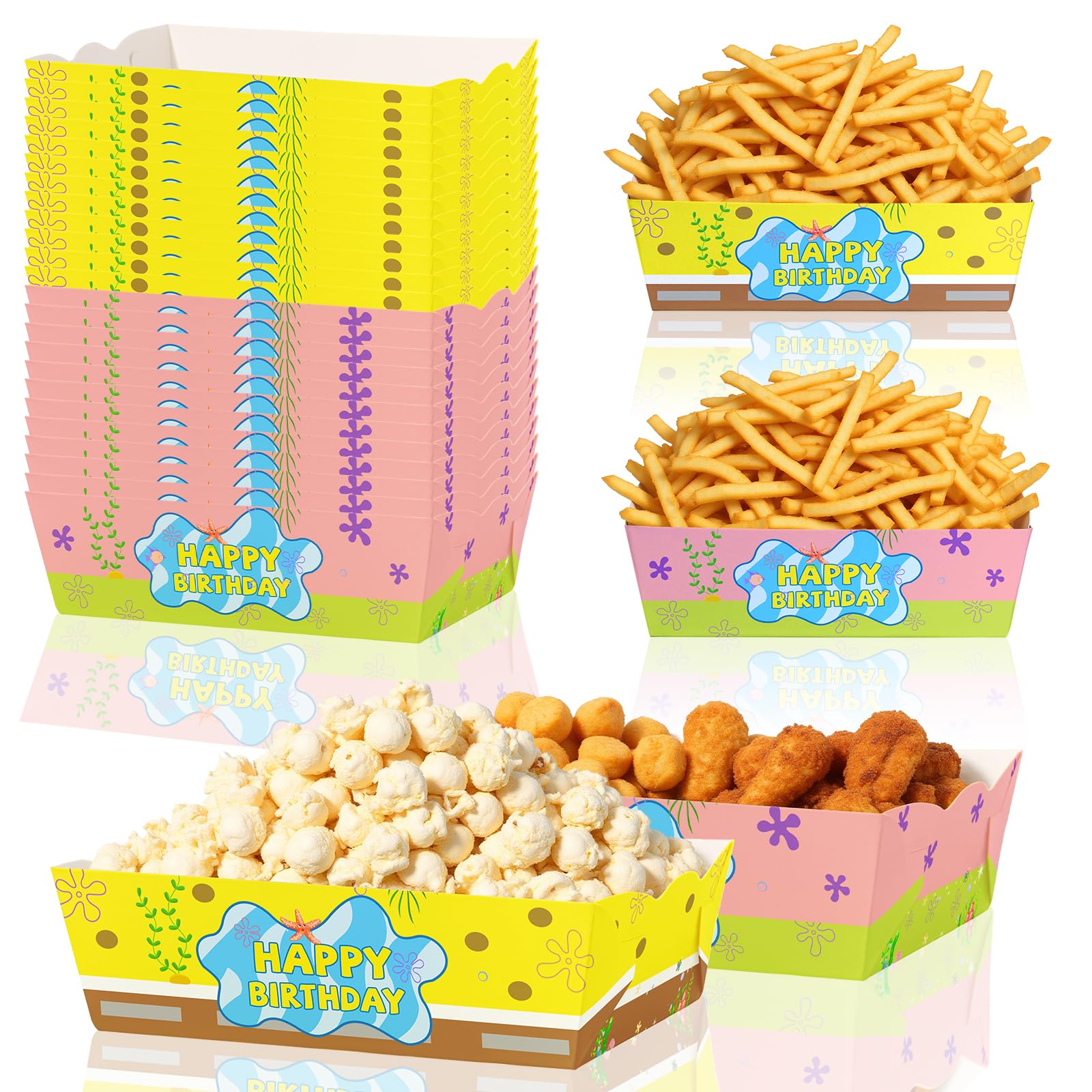 Photo 1 of 24 Pcs Cartoon Sponge Party Supplies Sponge Themed Paper Food Trays Disposable Serving Tray Nacho Snacks Fries Pet Food Boats Birthday Decorations