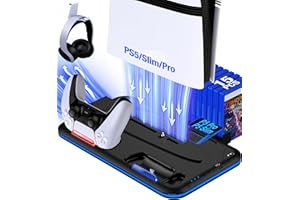 EUROA PS5/Slim/Pro Stand and Cooling Station with Controller Charging Station for PlayStation 5 Slim/Pro Console, PS5 Controller Charger, Cooling Stand, LED Light, Headset Holder for PS5 Accessories
