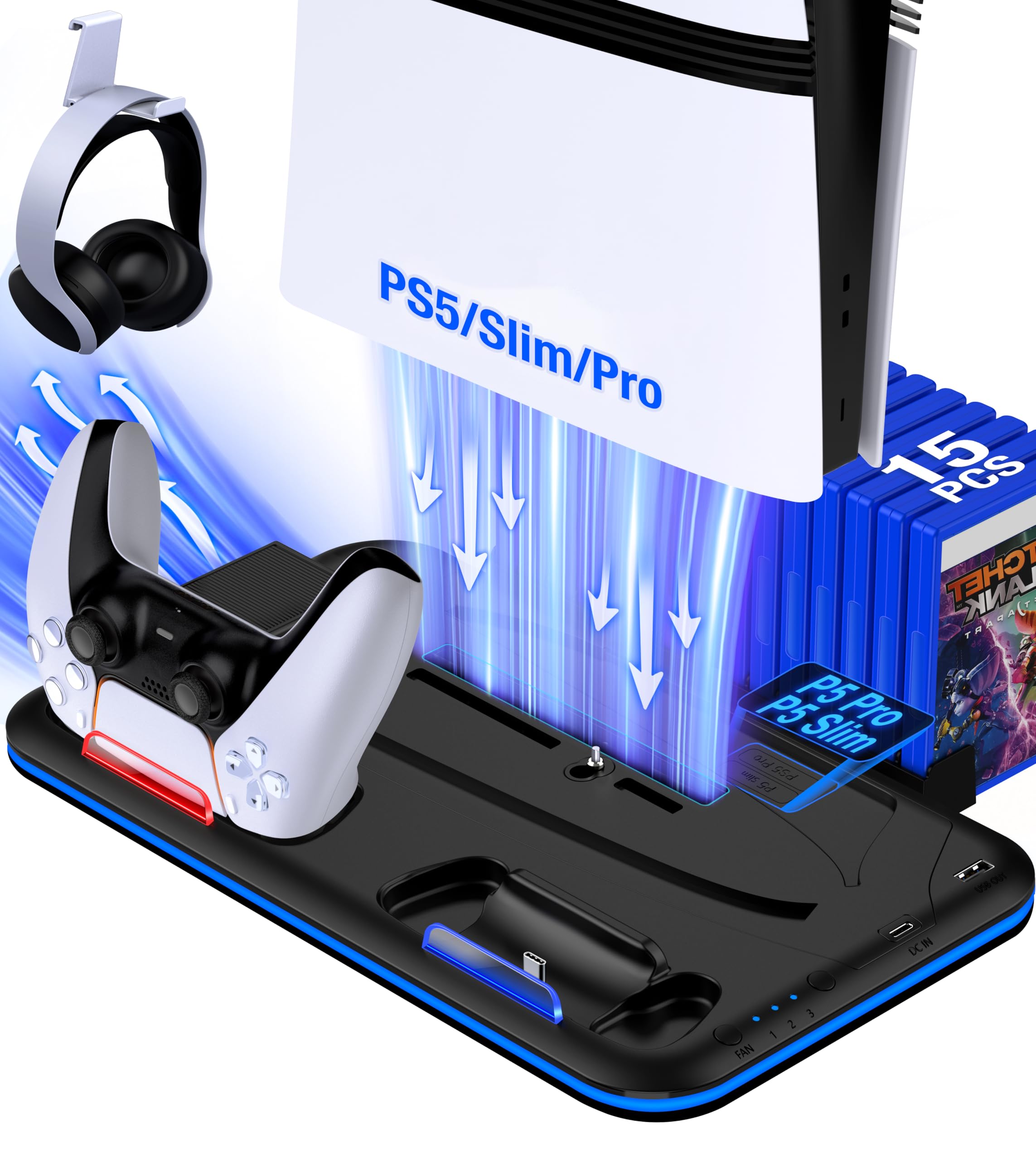 EUROA PS5/Slim/Pro Stand and Cooling Station with Controller Charging Station for PlayStation 5 Slim/Pro Console, PS5 Controller Charger, Cooling Stand, LED Light, Headset Holder for PS5 Accessories