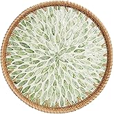 Round Rattan Tray with Mother of Pearl Inlay, Decorative Serving Tray with Wooden Base, Woven Wicker Tray for Coffee, Bread, Fruits, Home Decor(Green Leaf, 11.8")