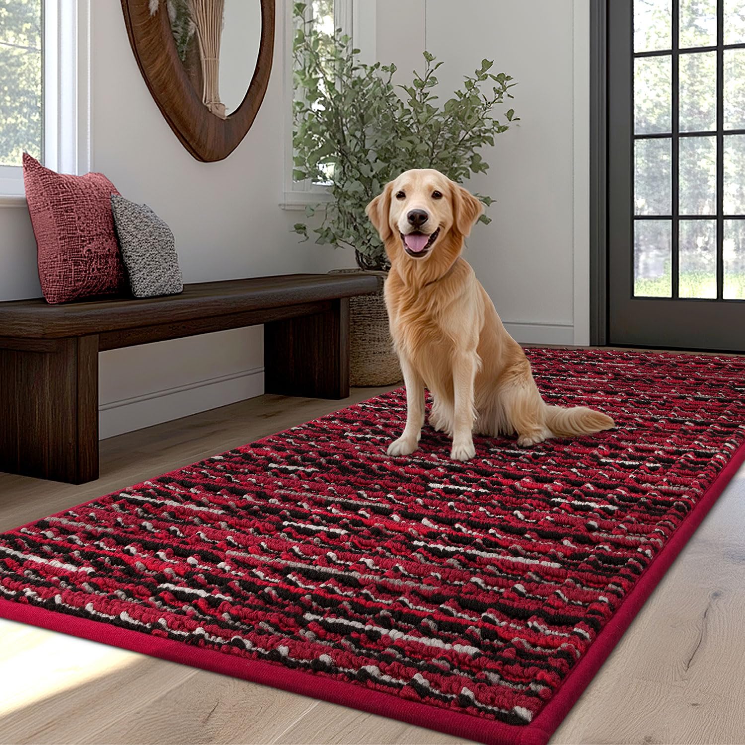 Photo 1 of hicorfe Dog Mat for Muddy Paws,Absorbs Moisture Dirt Non-Slip Washable Mud Mat for Dogs,Soft Rubber Backing Front Inside Pet Rug for Entryway, Mud Dog Paws, Patio(20"x48",Red)