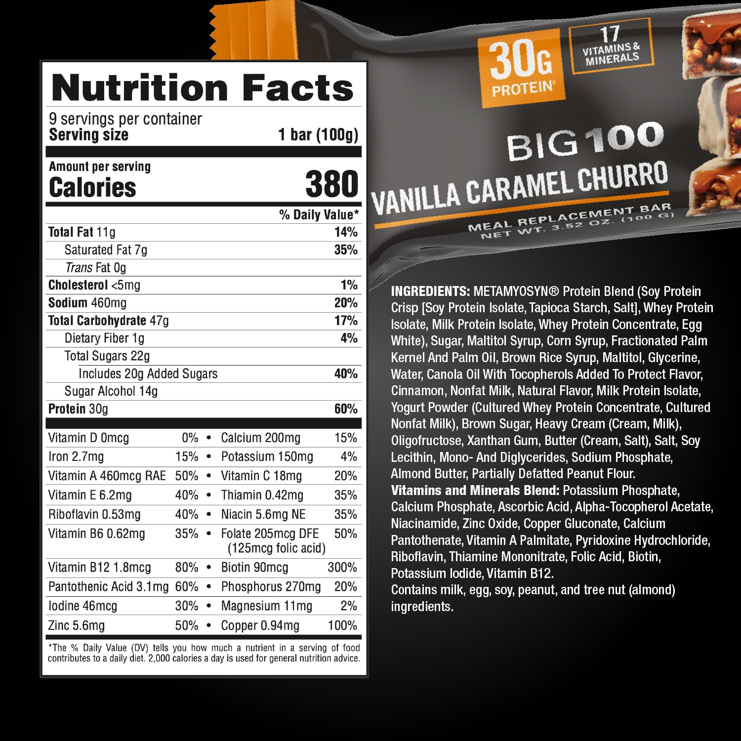MET-Rx Big 100 Colossal Protein Bars, Vanilla Caramel Churro Meal Replacement Bars, Brown, 9 Count