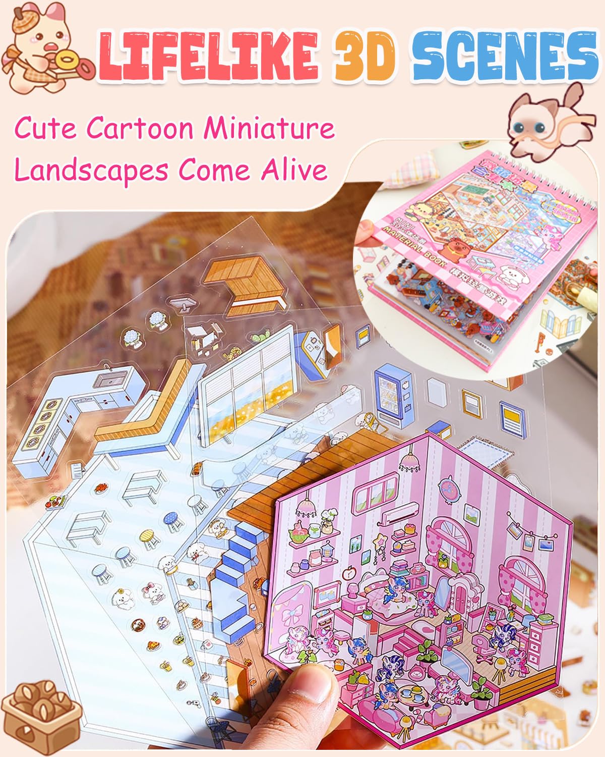 20 Sets DIY 3D Sticker Scene, Sticker Therapy Scenes Collection Book for Adults Stress Relief Pass The Time, Make Your Own House Miniature Cute Cartoon Animal Isometric Scene Funny Stickers for Kids