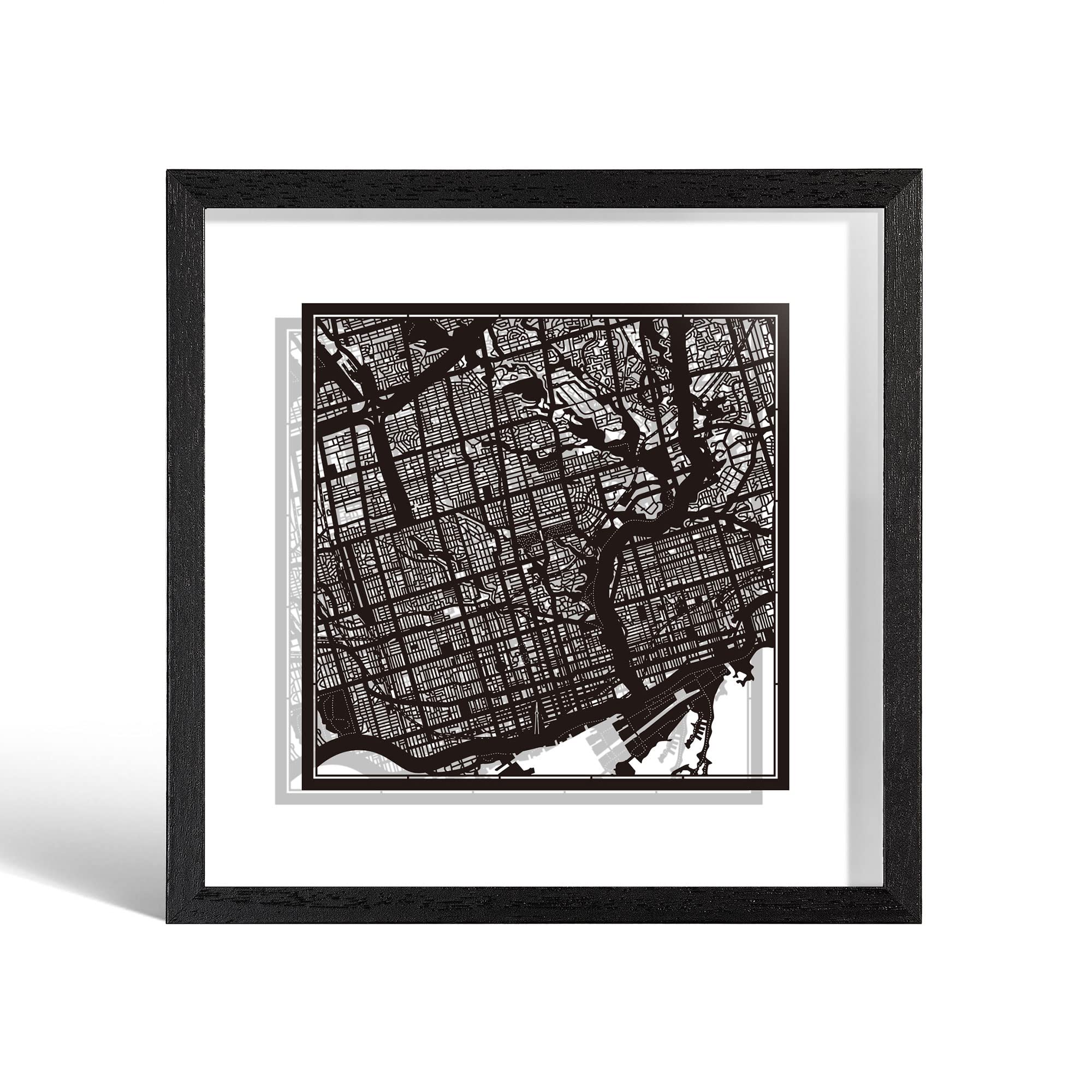 O3 DESIGN STUDIO Toronto Paper Cut Map framed, Black map, Black frame, 9x9 inches, Gift Boxed, 2 background color, self-changing, Paper Art