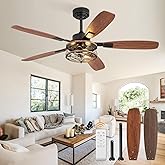 52 Inch Farmhouse Ceiling Fan with Light and Remote, Black Industrial Caged Flush Mount Ceiling Fans with 6 Speed Reversible 