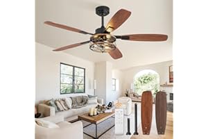 FANBULOUS 52 Inch Farmhouse Ceiling Fan with Light and Remote, Black Industrial Caged Flush Mount Ceiling Fans with 6 Speed Reversible Motor and Dual Finish 5 Blades, Rustic Ceiling Fan for Living room, Bedroom