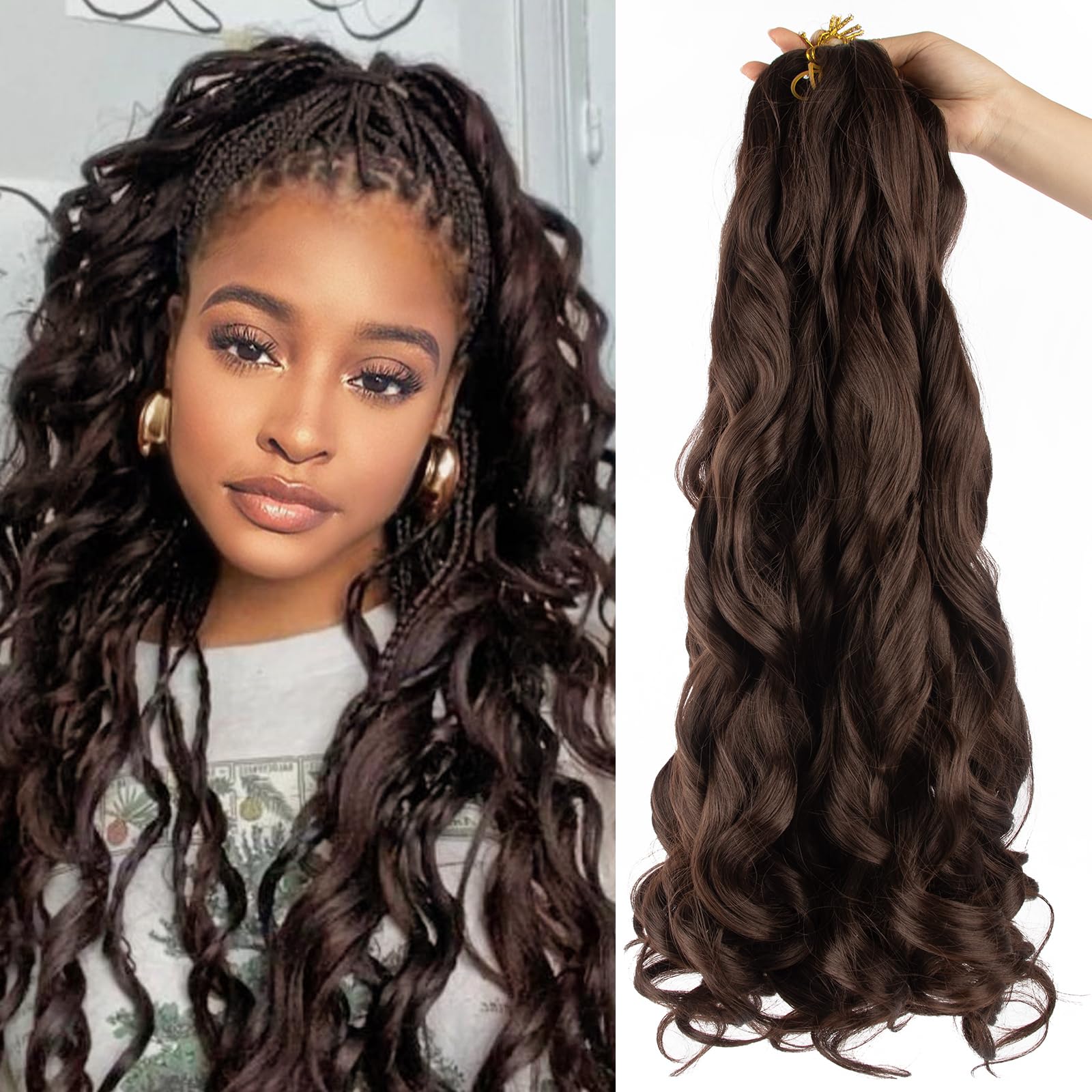 Curly Braiding Hair 24 Inch 8 PacksPre Stretched French Braiding Hair With Curly Ends French Curl Braids Crochet Hair Extensions (4#, 24 inch) — image 1
