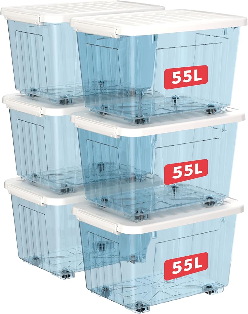 Cetomo 55L-6 Plastic Storage Boxes with Wheels Lidded Stackable Clear Organizer