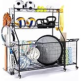 SpaceWise Sports Equipment Organizer – Garage Ball Storage Rack with Hooks, Baskets, Wheels & Detachable Portable Side Cart, Golf Organizer, Gym Equipment & Toy Storage Solution, Charcoal Finish