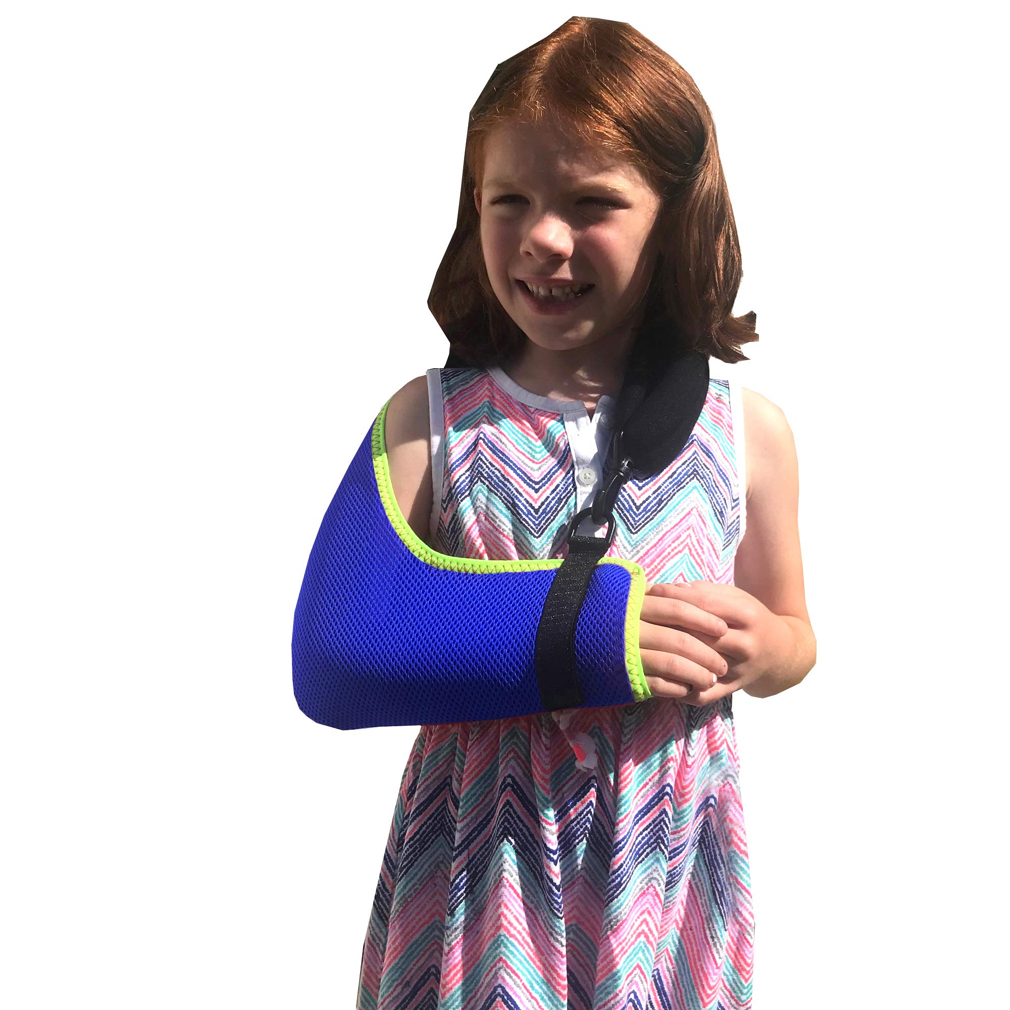 4DflexiSPORT Arm Sling Extra Shoulder Support, Child 4-5yr Blue/Lime Trim, Easy Fit, Cooling, Happy Healing Sticker.