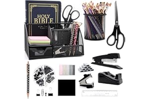 SHELLVCASE 12 in 1 Black Desk Organizers and Accessories, Black Gifts for Coworkers, Black Office Supplies Include Black Stapler Pen Holder Tape Holder Staples Scissors Ruler Staple Remover for Home School