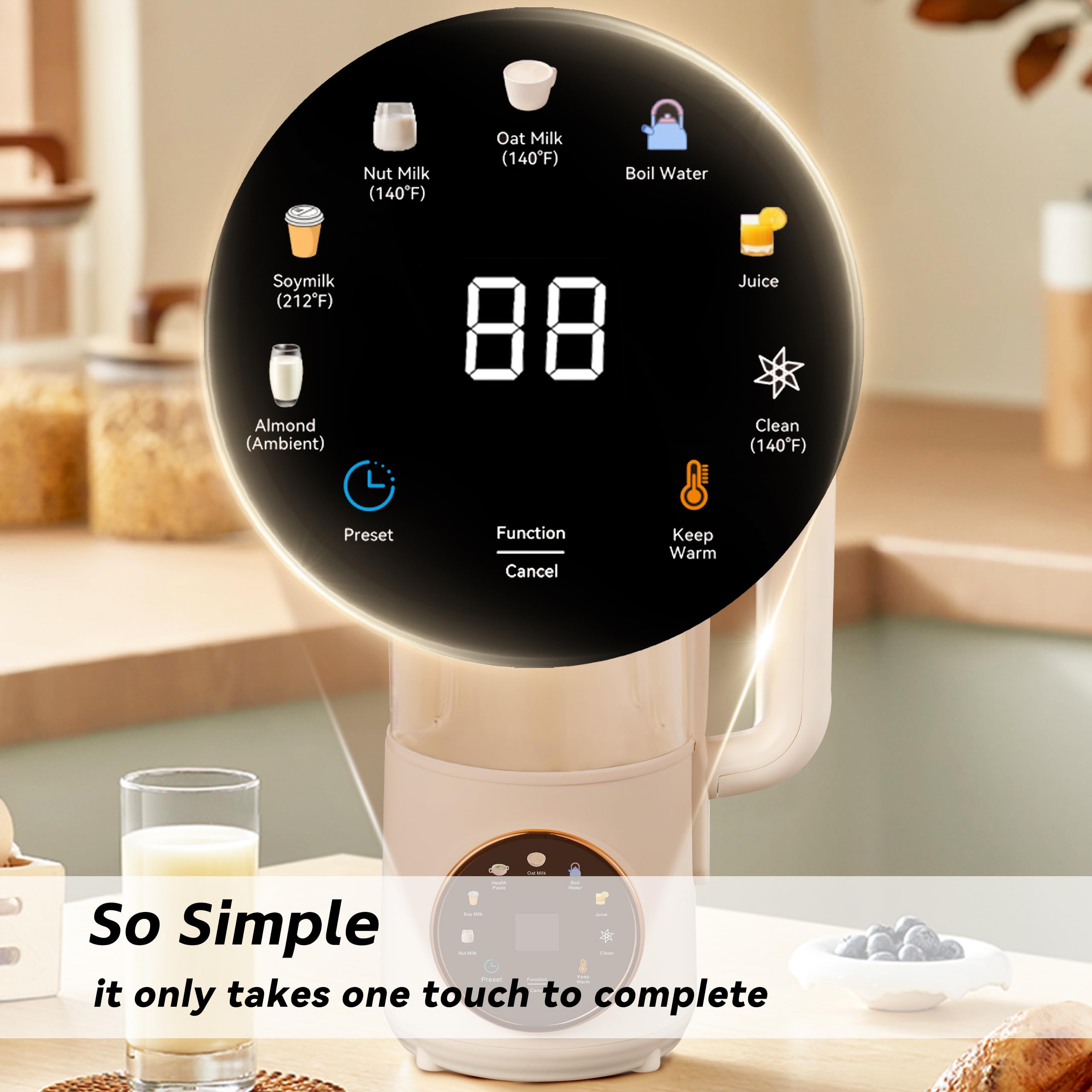 Máquina para hacer leche de nueces 8 en 1, 48 oz de almendras caseras, avena, soja, coco, bebidas a base de plantas y no lácteas con autolimpieza, hervir agua, inicio diferido, mantener caliente, licuadora de 16 hojas, frasco de vidrio