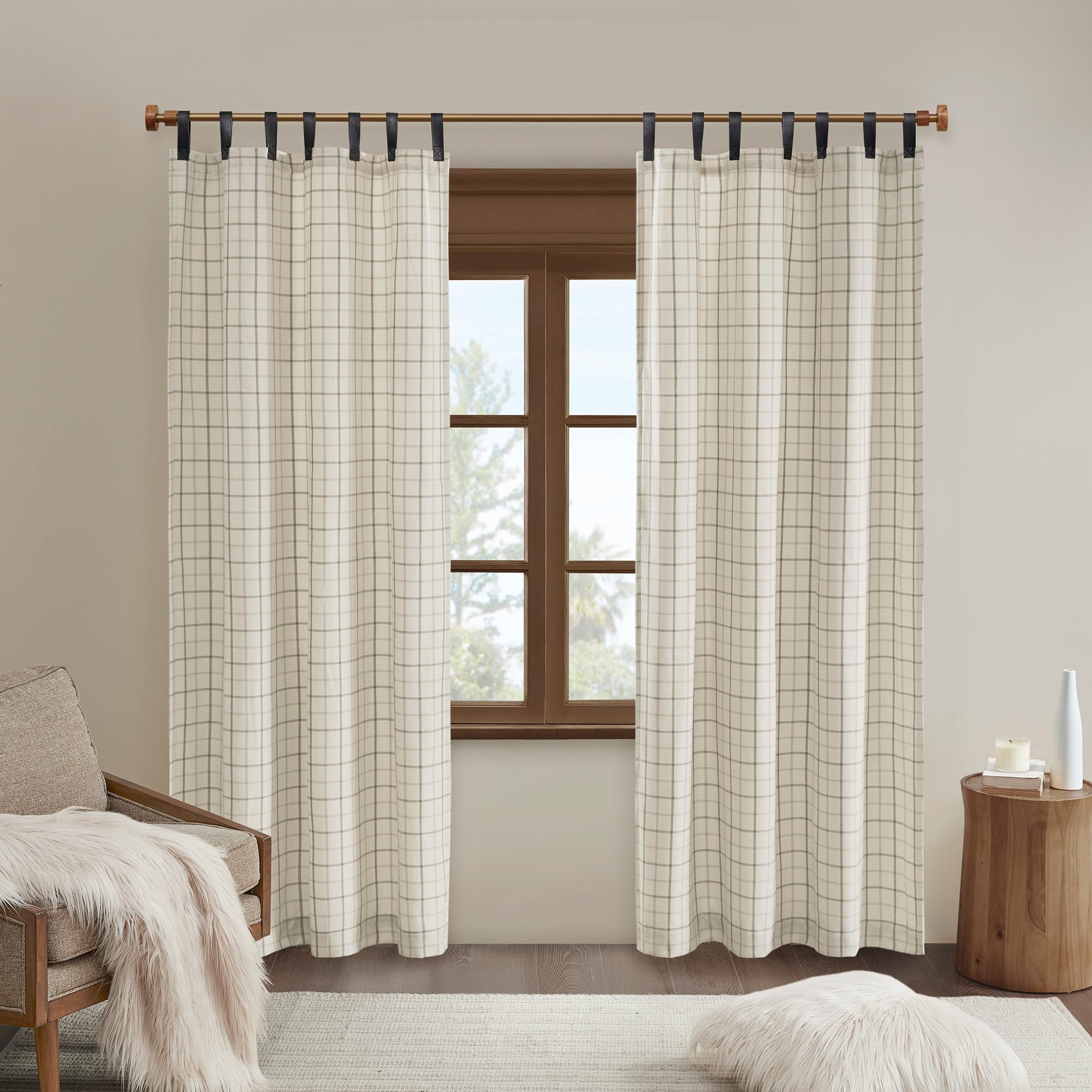 Madison Park Anaheim Cabin Plaid Curtain Window, Thermal Insulated Fleece Lining, Living Room Decor Room Darkening Drape for Bedroom, 1-Single Panel Pack, 50x108 Faux Leather Tab, Natural Image