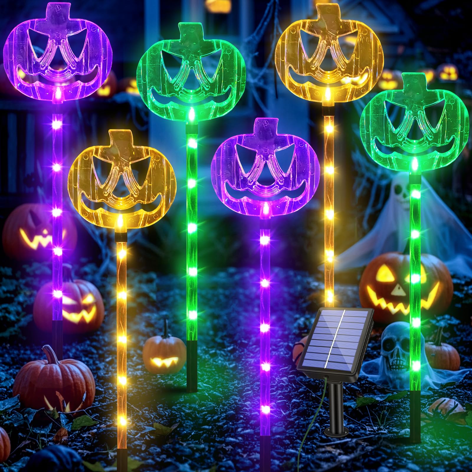 Photo 1 of **MISSING TWO PUMPKIN TOPS**Meteds 6 Pack Solar Pumpkin Stake Lights for Halloween Decorations Outdoor, Waterproof Solar Halloween Lighted Pumpkin Pathway Lights for Garden Yard Patio Porch Pathway Grave