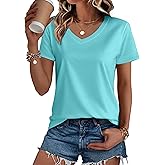 SMENG Women's Cotton V Neck T-Shirt Short Sleeve Solid Color Tee Casual Fit Tee Breathable Summer Fashion Tops
