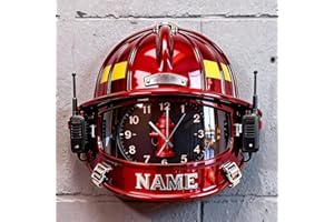 Personalized Name Fire Theme Wall Clock Gift for Fireman Men, 2D Flat Printing Custom Firefighter Hat Fireman Helmet Shaped W