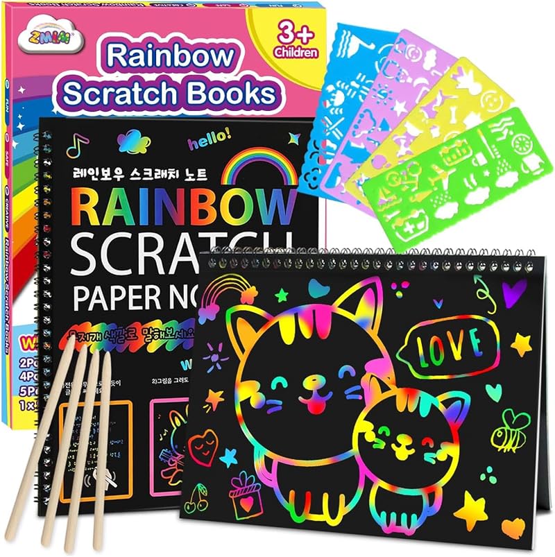 ZMLM Scratch Art for Kids 2 Pack Large Rainbow Scratch Notebooks Pink