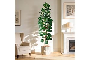 Artificial Fiddle Leaf Fig Tree, Tall Floor Fake Tree with Natural Wood Trunk Large Pot Faux Tree Fake Plant for Indoor Deco