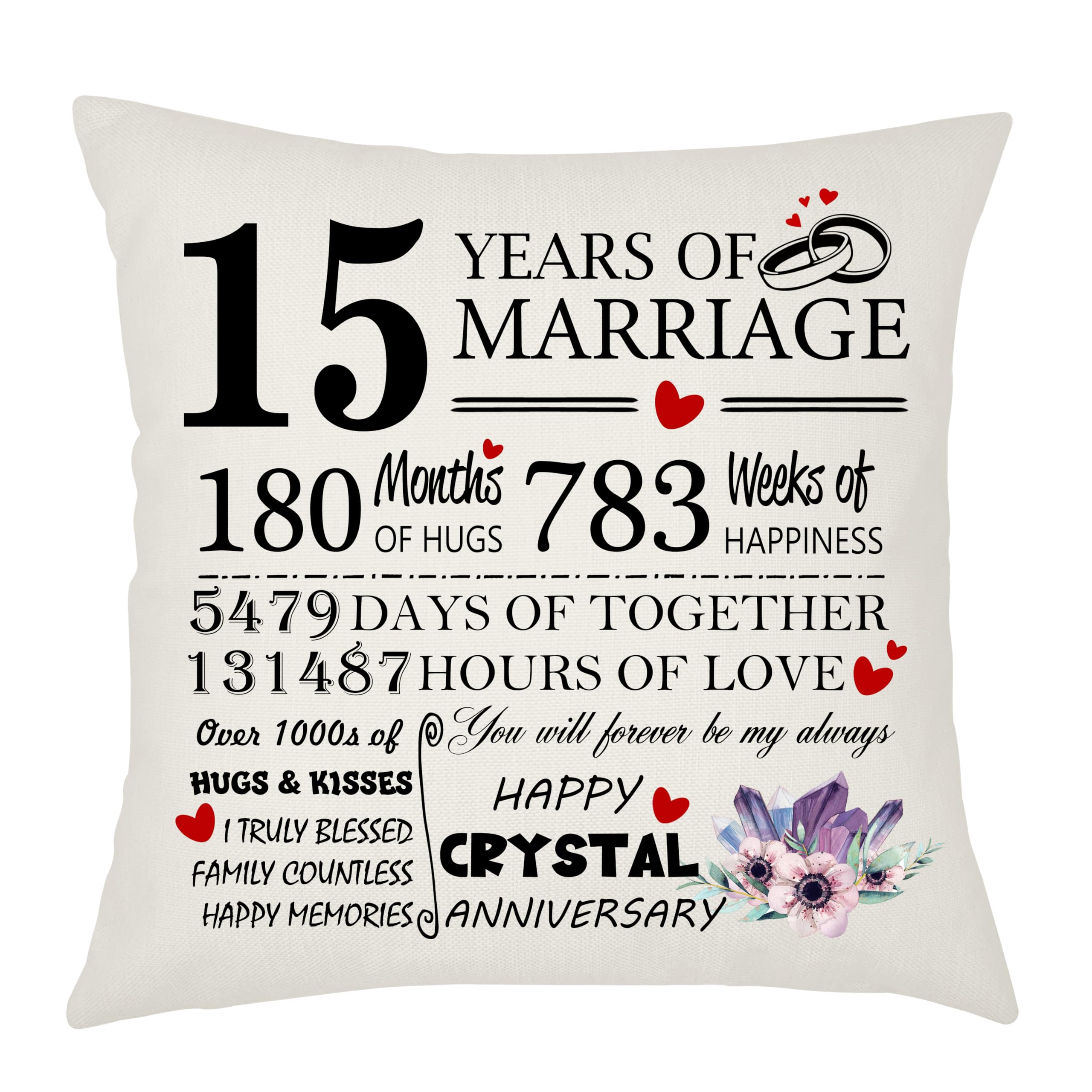 Weosan 15th Wedding Anniversary Crystal Anniversary Cushion Cover - Gift for Wife or Husband - 15 Years of Marriage Keepsake Present - Elegant 45x45cm Pillow Case (15 Years of Marriage)