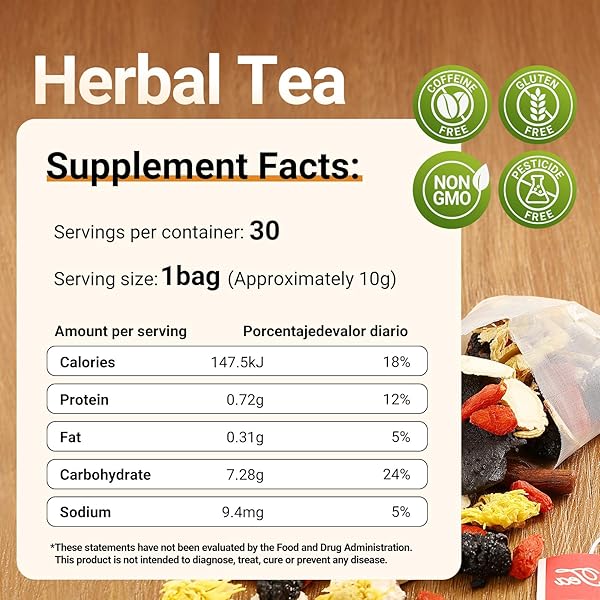 GINSENG FIVE TREASURES TEA – 30 BAGS, CAFFEINE-FREE, PURE HERBAL BLEND WITH 8 TRADITIONAL CHINESE HERBS KIDNEY TEA, GENTLE ENERGY & FOCUS FOR MEN AND WOMEN