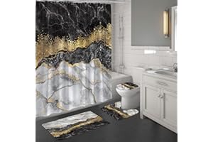 MitoVilla 4 Pcs Black Marble Shower Curtain Sets with Rugs, Black Grey Gold Modern Bathroom Accessories Decor with Bath Mats, Gray