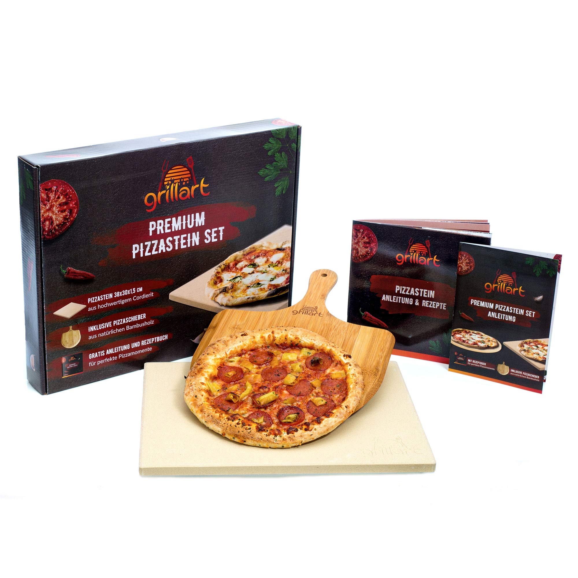 grillart® Premium pizza stone for gas grill and oven in a set - high-quality rectangular pizza stone including pizza peel and recipe book - also ideal as a bread baking stone.
