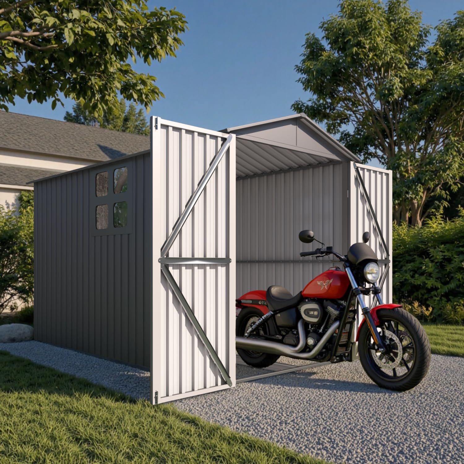 Photo 1 of **PARTIAL SET/BOX 1 OF 4 MISSING/ASSEMBLY HARDWARE** 5’ x 10’ Motorcycle Storage Sheds, Metal Shelter & Garage with Windows and Lockable Door Handle, Heavy Duty Vehicle Shed for All Weather, Track System Included, Anthracite with White Trim