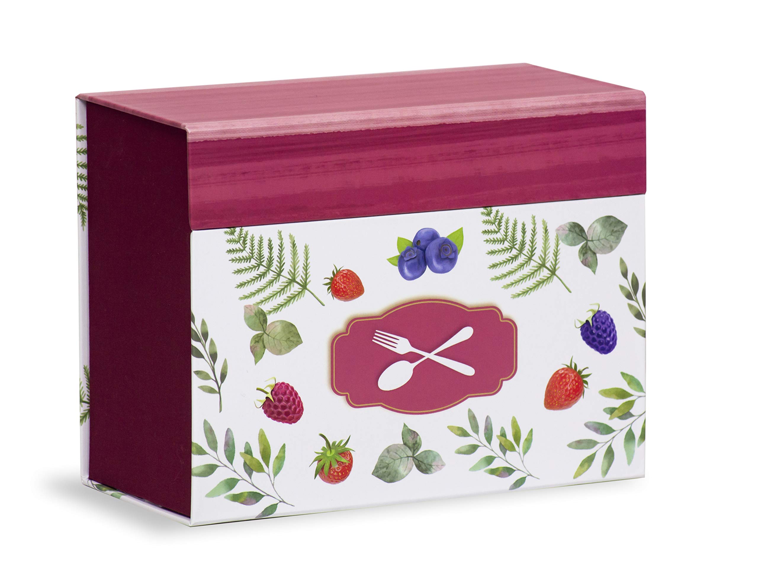 Mareli Box with 60 Illustrated Cards to be Filled with own Recipes and 6 dividers with Dishes Design, Paper, Bordeax, 22,5x11x17