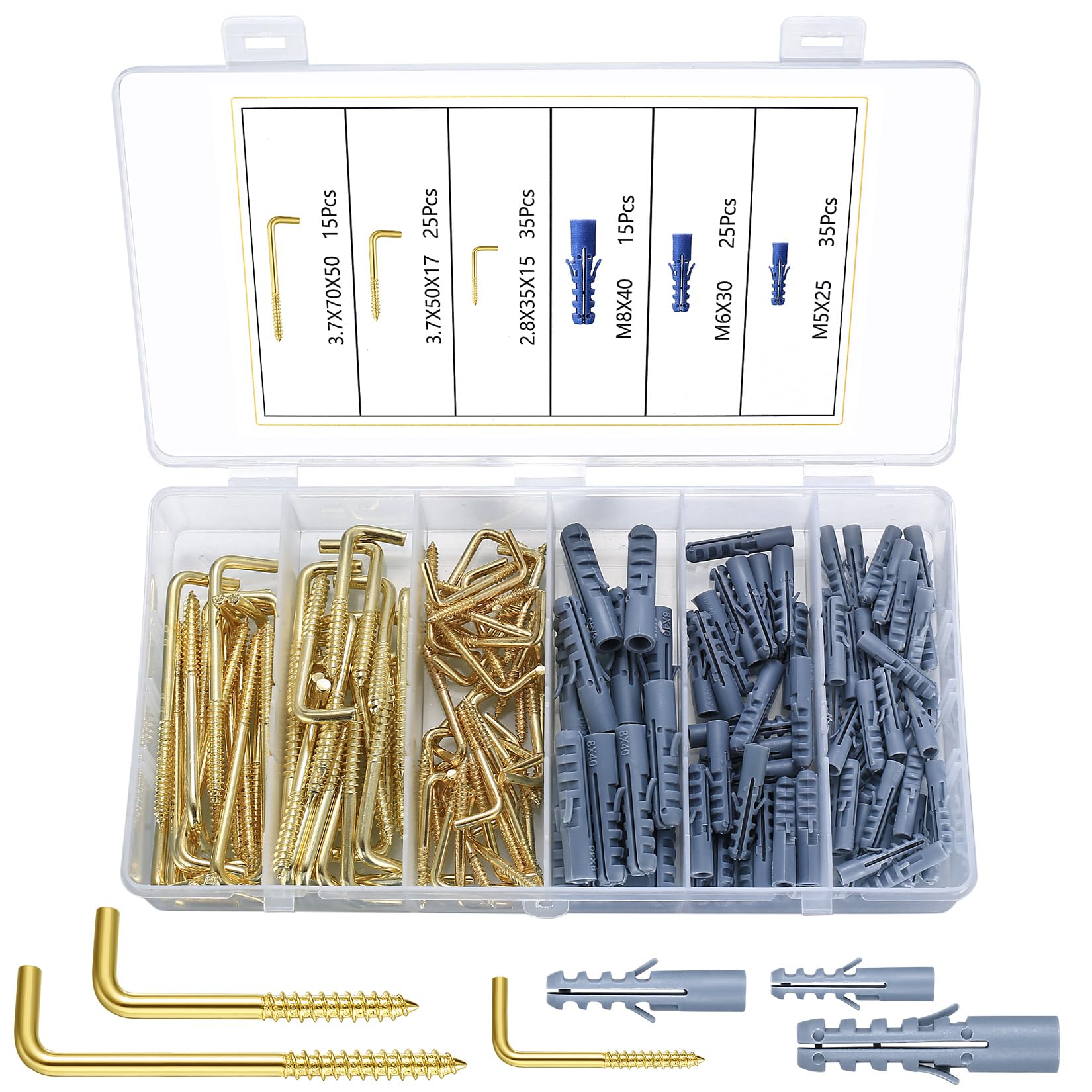 SYBDXJ 150 Pcs Ceiling Hooks, Gold Screw Hooks, Screw in Hooks, Square Dresser Hooks, Screw-in Hooks, Right-Angle L Shaped Hooks for Hanging Plants Keys Cups Lights (75 Hooks, 75 Anchors) - Gold