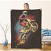 Retro Dirt Bike Blanket for Men Boys and Extreme Sport Lovers, Flannel Blankets Gifts, Vintage Neon Motorcycle Throw for Sofa Couch Bed Living Room, Soft Warm Cozy Home Cabin Decor 60" x 50"