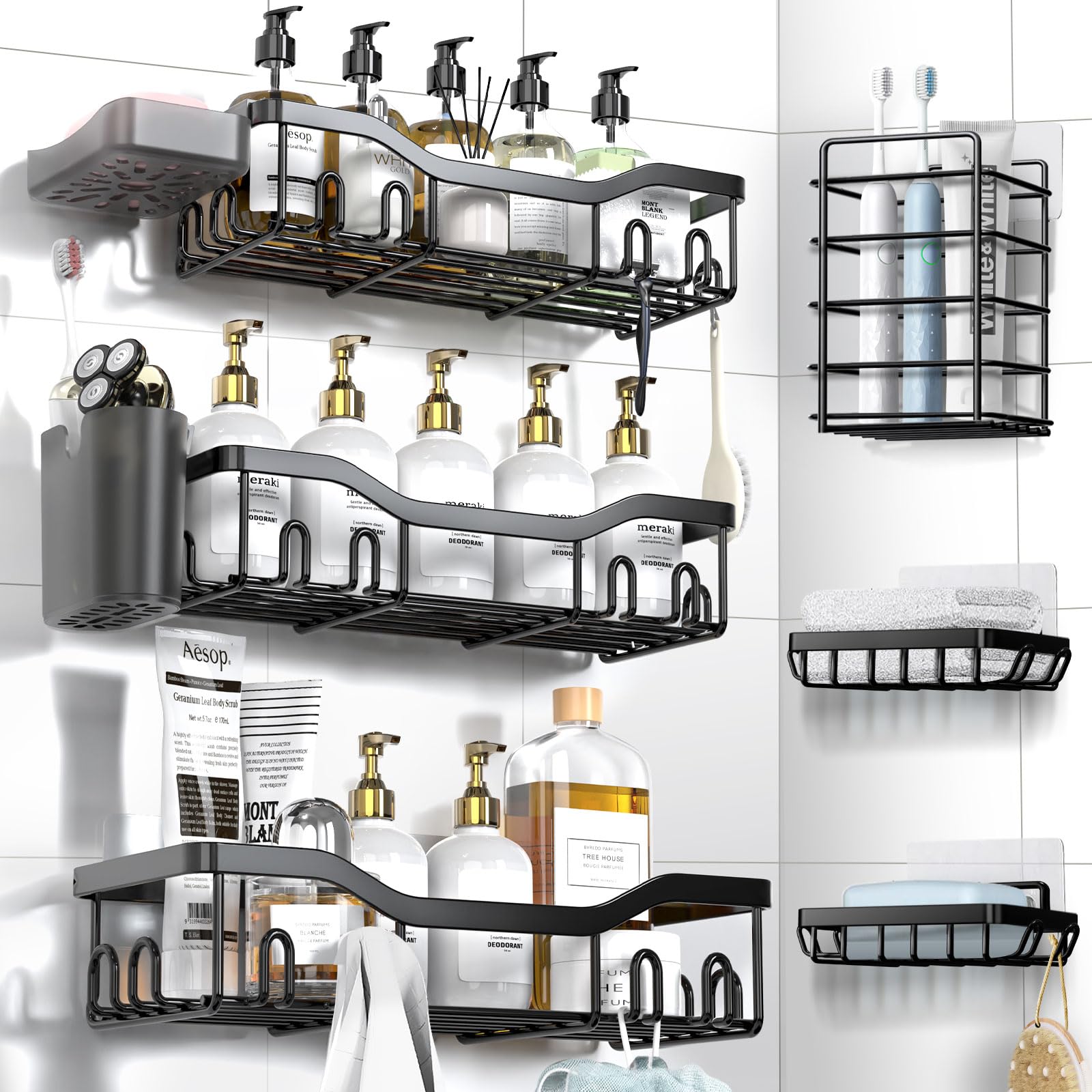 NESOMI Shower Caddy Adhesive Shower Organizer 8-Pack, Rustproof Stainless Steel Bathroom Shelves, Large Capacity No-Drill Rack Storage Accessories with Soap Dish Toothbrush Holder Hooks Image