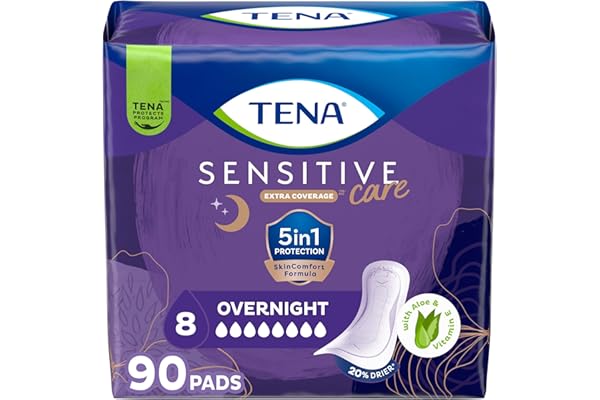 TENA Sensitive Care Overnight Extra Coverage Incontinence Pad for Women, Postpartum and Bladder Control, 90 Count