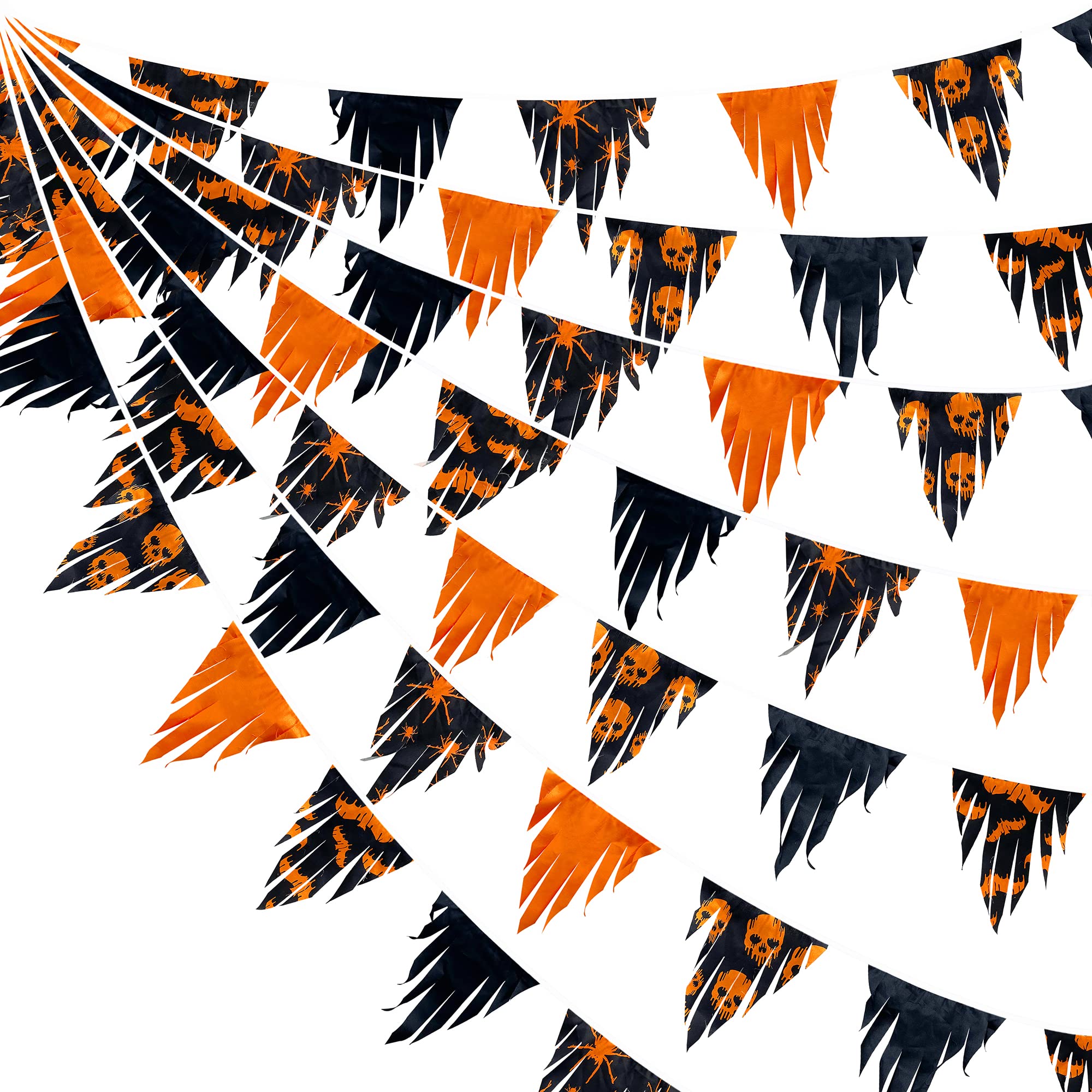 32Ft 2023 Halloween Fabric Bunting Banner Orange Black Skull Bunting Party Decorations Cotton Triangle Flag Garland Reusable Pennant for Thanksgiving Birthday Home Outdoor Garden Wedding Decor