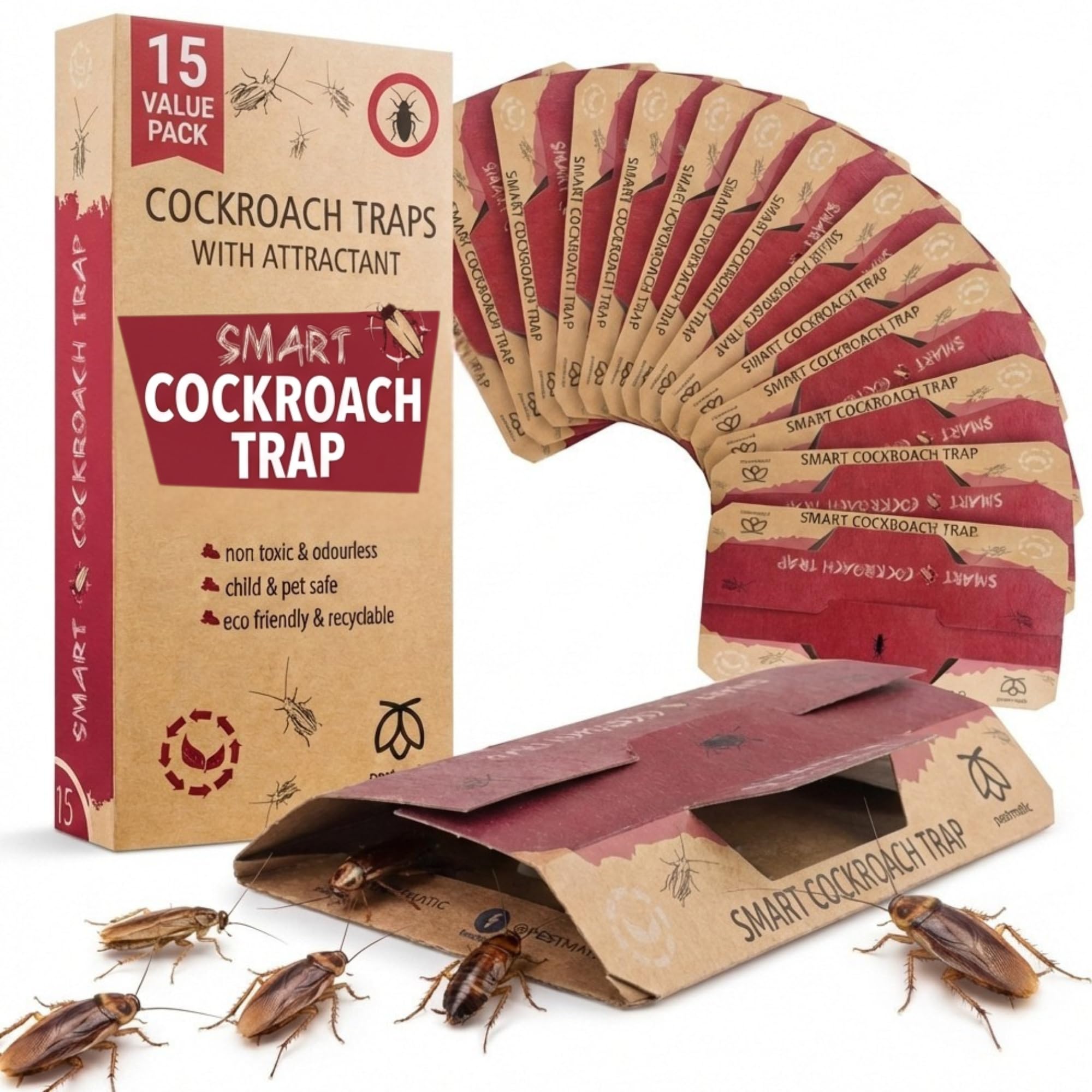Pestmatic Smart Cockroach Trap x 15, Sticky Strong Glue Cockroach Trap with Food Bait, Roach Indoor Trap, Kraft Eco-Friendly & Natural Catcher for Crawling Insects, Alternative for Cockroach Killer