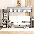 Multi-functional Full-Over-Full Bunk Bed with Storage Staircase and 3 Drawers, Solid Wood Bunk Bed Frame with Bedside Table for Kids Children Bedroom, Down Bed can be Convertible to Daybed (Gray-335)