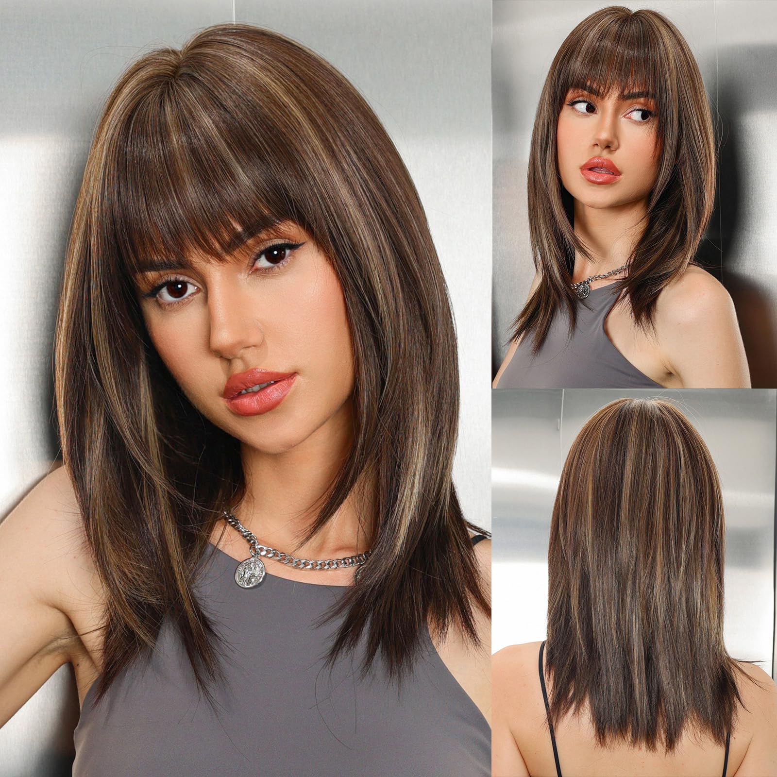 WOKESTAR Long Straight Wigs for Women with Fringe, Layered Synthetic Dark brown with Highlights Color Wigs for Women — image 1